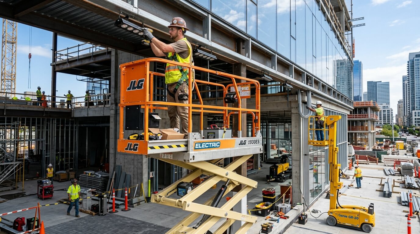 Boom lift equipment at construction site